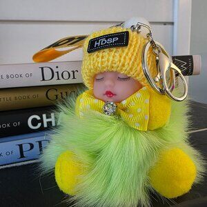 Cute Baby Sleeping Keychain with LOVE tag, Plush rabbit fur, Bag Charm